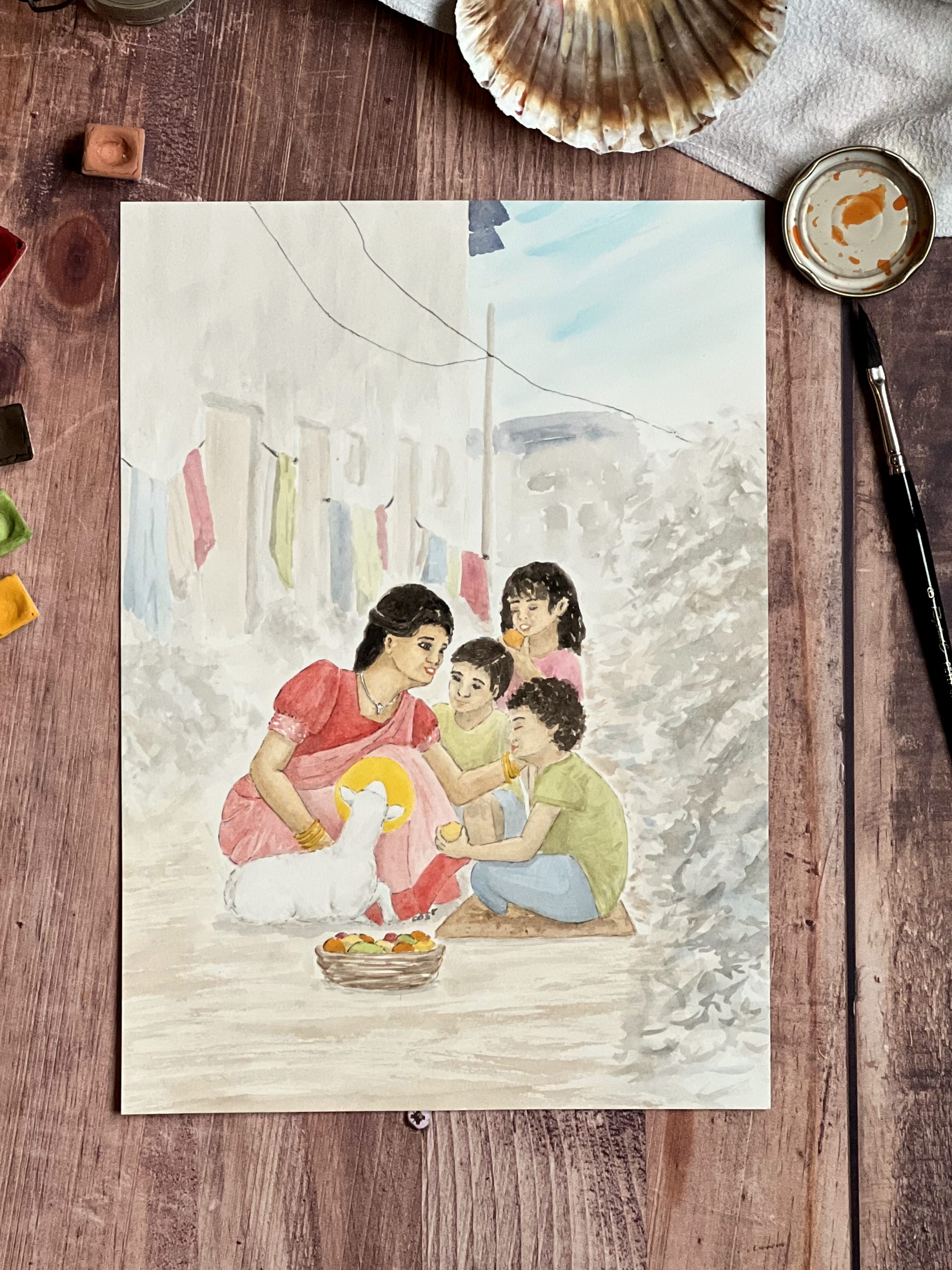 Aquarelle “La Joie de la Charité” - Oeuvre originale et unique