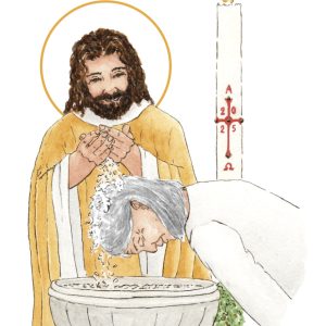 image baptême catholique femme cheveux gris aquarelle