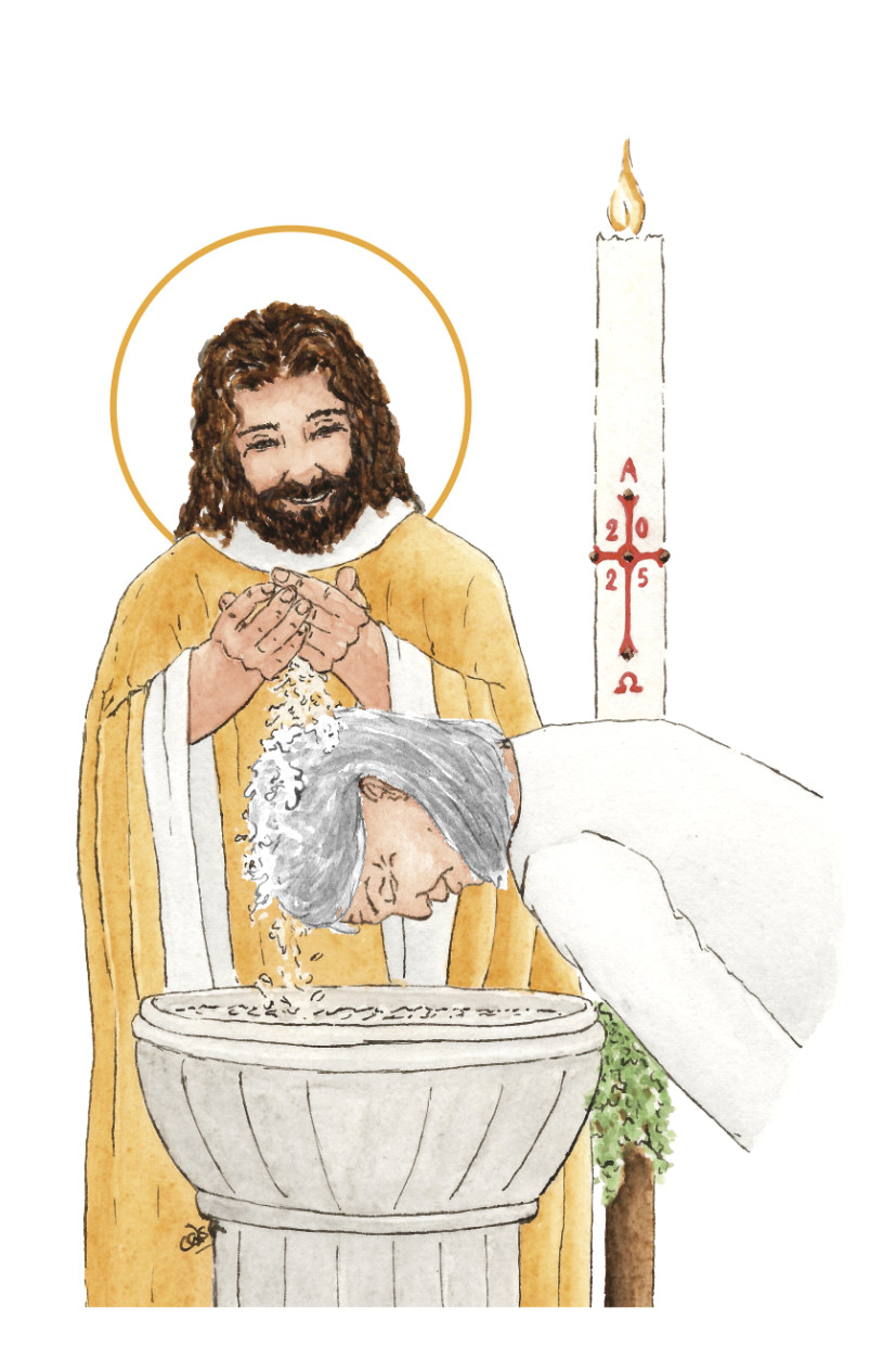 image baptême catholique femme cheveux gris aquarelle
