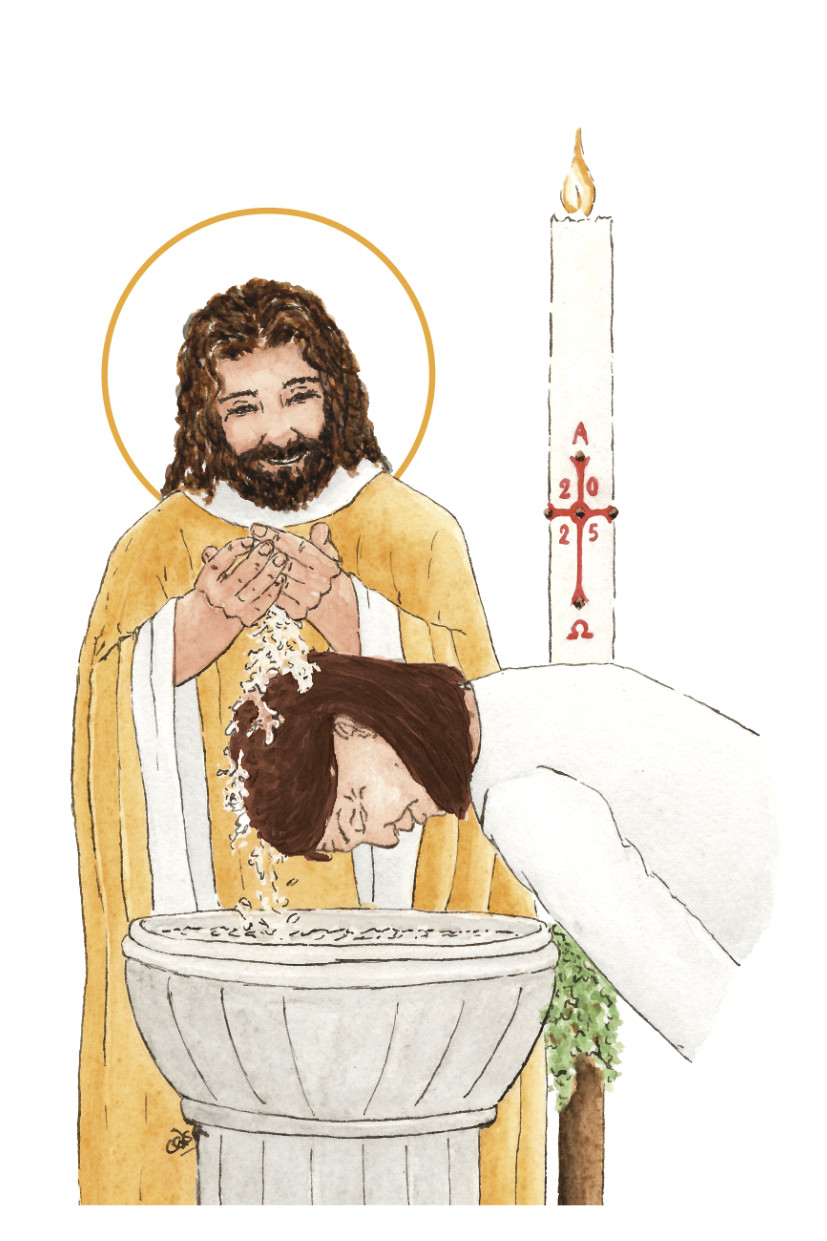 image baptême catholique femme cheveux teints aquarelle