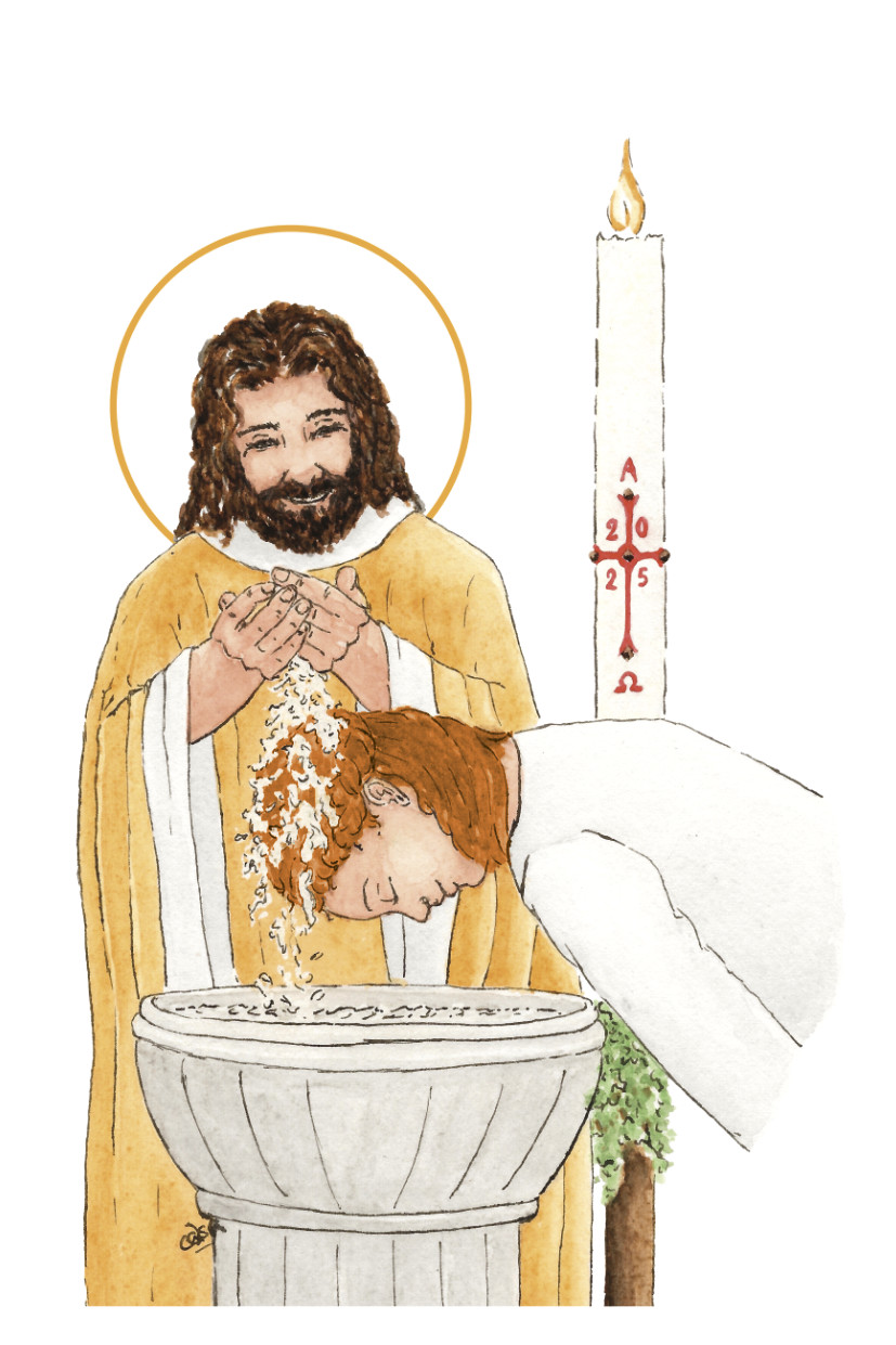 image baptême catholique femme rousse aquarelle