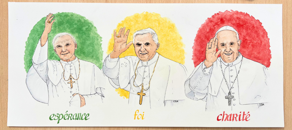 tableau avec les 3 papas qui précèdent le pape Léon XIV