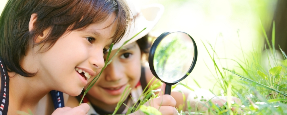 enfants observant la nature avec une loupe