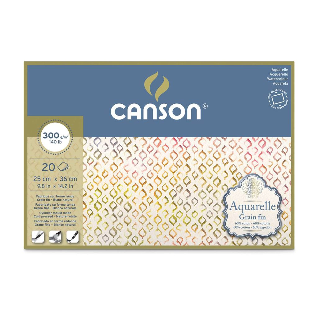 bloc papier aquarelle Canson 60% coton grain fin 300g matériel débutant enfant